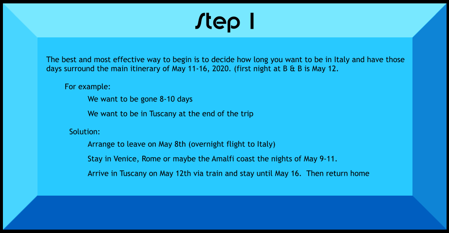 The best and most effective way to begin is to decide how long you want to be in Italy and have those days surround the main itinerary of May 11-16, 2020. (first night at B & B is May 12.  For example:  We want to be gone 8-10 days  We want to be in Tuscany at the end of the trip  Solution:  Arrange to leave on May 8th (overnight flight to Italy)  Stay in Venice, Rome or maybe the Amalfi coast the nights of May 9-11.  Arrive in Tuscany on May 12th via train and stay until May 16.  Then return home    Step 1