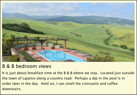 B & B bedroom views It is just about breakfast time at the B & B where we stay.  Located just outside the town of Lajatico along a country road.  Perhaps a dip in the pool is in order later in the day.  Hold on, I can smell the croissants and coffee downstairs.