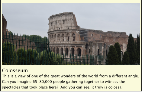 Colosseum This is a view of one of the great wonders of the world from a different angle.  Can you imagine 65-80,000 people gathering together to witness the spectacles that took place here?  And you can see, it truly is colossal!