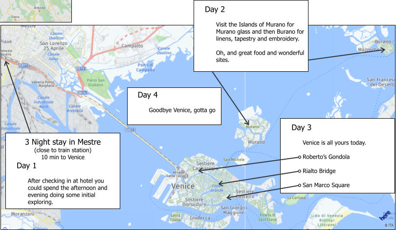 3 Night stay in Mestre (close to train station) 10 min to Venice    Day 1  After checking in at hotel you could spend the afternoon and evening doing some initial exploring.    Day 2  Visit the Islands of Murano for Murano glass and then Burano for linens, tapestry and embroidery.  Oh, and great food and wonderful sites.    Day 4  Goodbye Venice, gotta go     Day 3  Venice is all yours today.  Roberto’s Gondola  Rialto Bridge  San Marco Square
