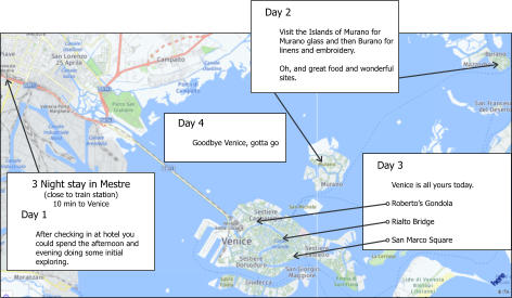 3 Night stay in Mestre (close to train station) 10 min to Venice    Day 1  After checking in at hotel you could spend the afternoon and evening doing some initial exploring.    Day 2  Visit the Islands of Murano for Murano glass and then Burano for linens and embroidery.  Oh, and great food and wonderful sites.    Day 4  Goodbye Venice, gotta go     Day 3  Venice is all yours today.  Roberto’s Gondola  Rialto Bridge  San Marco Square