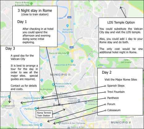 Day 2         Visit the Major Rome Sites  Spanish Steps  Trevi Fountain  Pantheon  Forum  Colosseum   LDS Temple Option  You could substitute the Vatican City day and visit the LDS temple.  Also, you could add 1 day to your Rome stay and do both.  The only cost would be one additional hotel night in Rome. Roma Termini Train Station 3 Night stay in Rome (close to train station)     Day 1  After checking in at hotel you could spend the afternoon and evening doing some initial exploring.    Day 3  A good day for the Vatican City  It is best to arrange a tour for the day in order to see all the major sites.  special guides are required,  Contact us for details and costs.