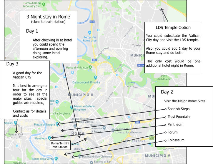 Day 2         Visit the Major Rome Sites  Spanish Steps  Trevi Fountain  Pantheon  Forum  Colosseum   LDS Temple Option  You could substitute the Vatican City day and visit the LDS temple.  Also, you could add 1 day to your Rome stay and do both.  The only cost would be one additional hotel night in Rome. Roma Termini Train Station 3 Night stay in Rome (close to train station)     Day 1  After checking in at hotel you could spend the afternoon and evening doing some initial exploring.    Day 3  A good day for the Vatican City  It is best to arrange a tour for the day in order to see all the major sites.  special guides are required,  Contact us for details and costs